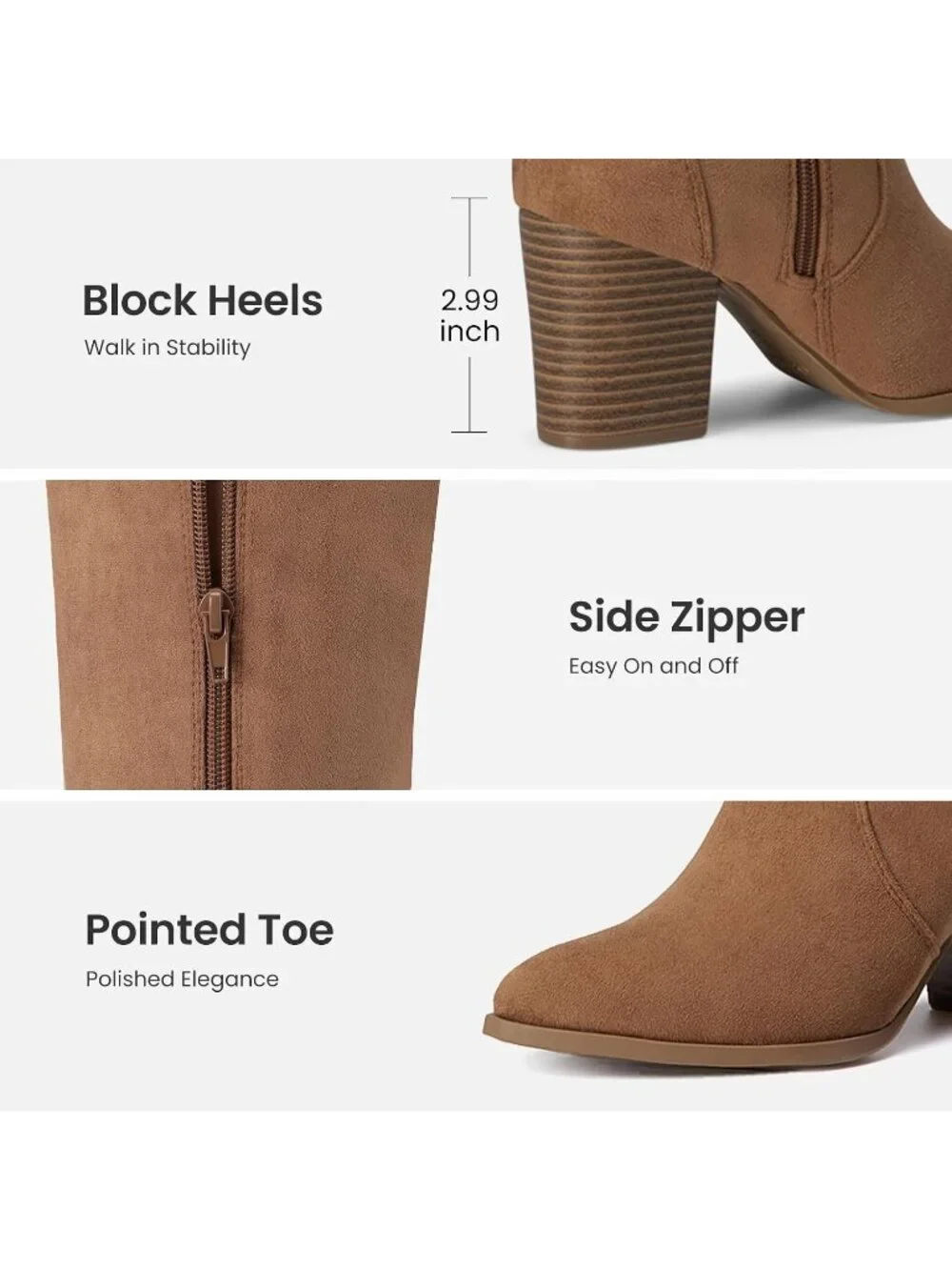 Women Light Brown Suede Chunky Heel Suede Pointed Toe Side Zipper Knee High Boot